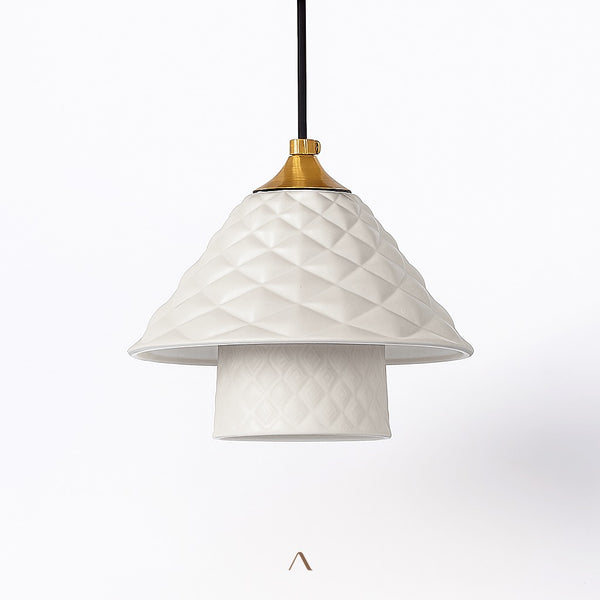 Apt Pendant Light — a textured ceramic outer shade over a smooth inner diffuser