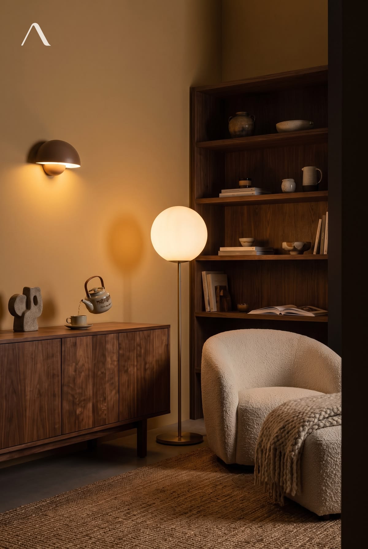 Midcentury Modern Living Room Ideas: Walnut & Globe Floor Lamp