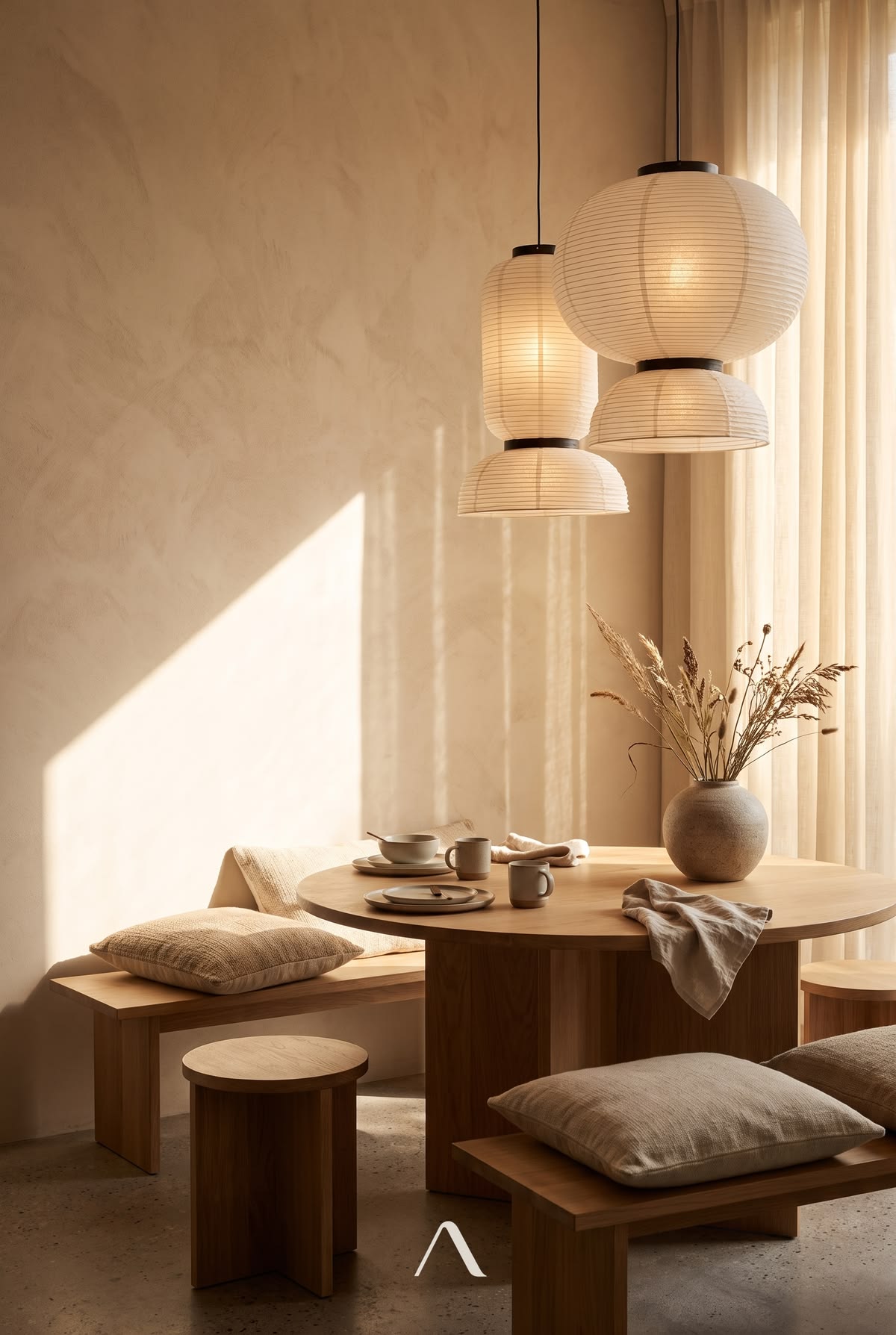 Japandi Dining Room Ideas — Paper Pendant Cluster, Morning Sun
