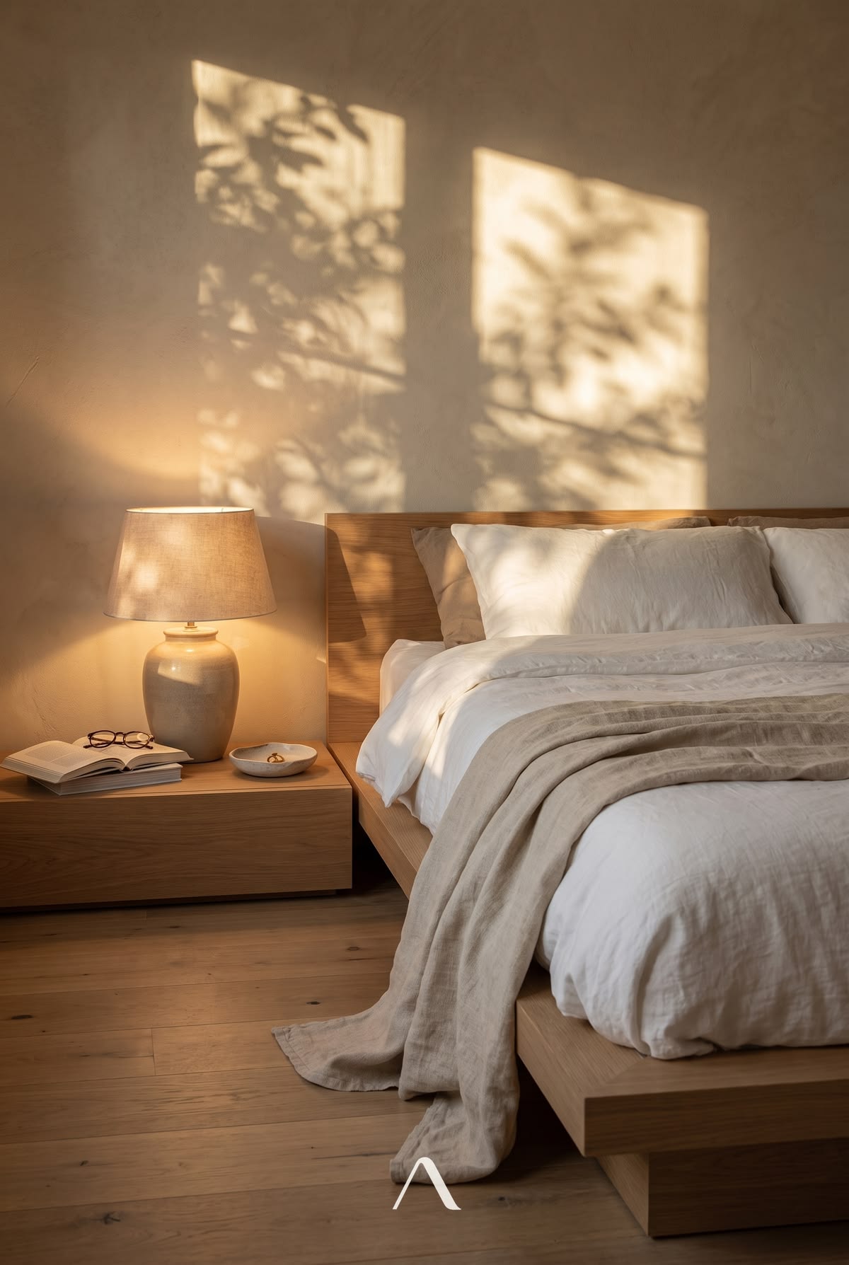 Japandi Bedroom Ideas — Amber Table Lamp at Late Afternoon