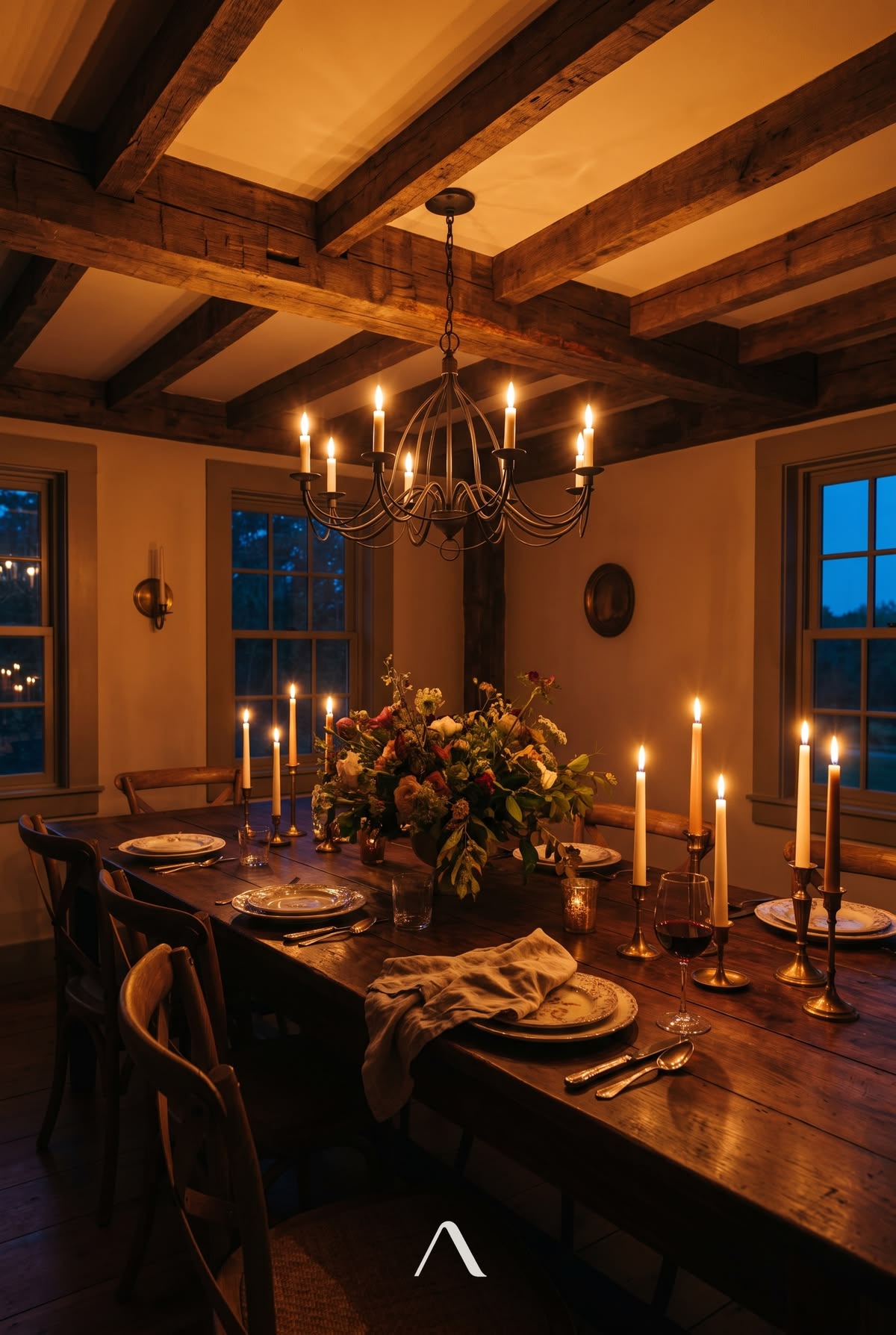 French Country Dining Room Ideas — Wrought-Iron Chandelier at Dusk