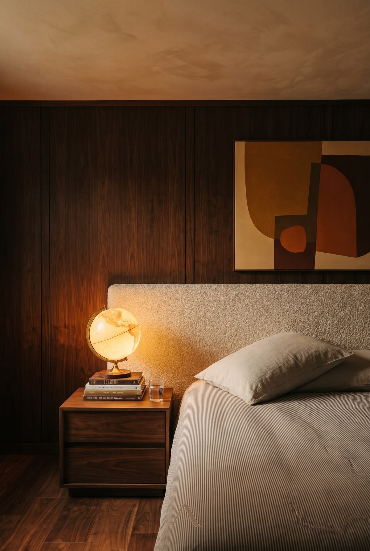 Midcentury Bedroom Ideas — Walnut Nightstand Lamp Glow