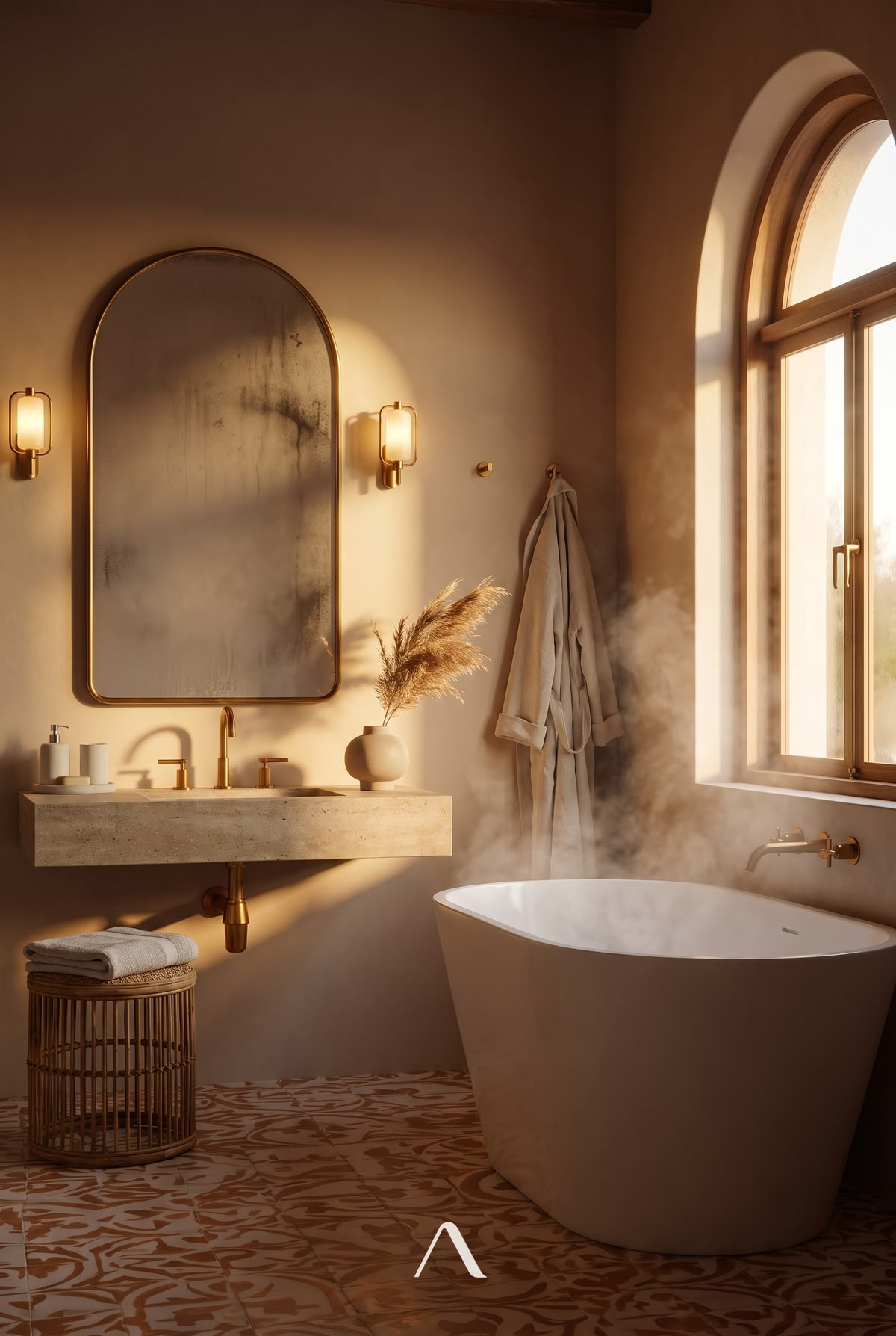 Bathroom Sconce Ideas — Brass Fixture, Golden Hour Steam