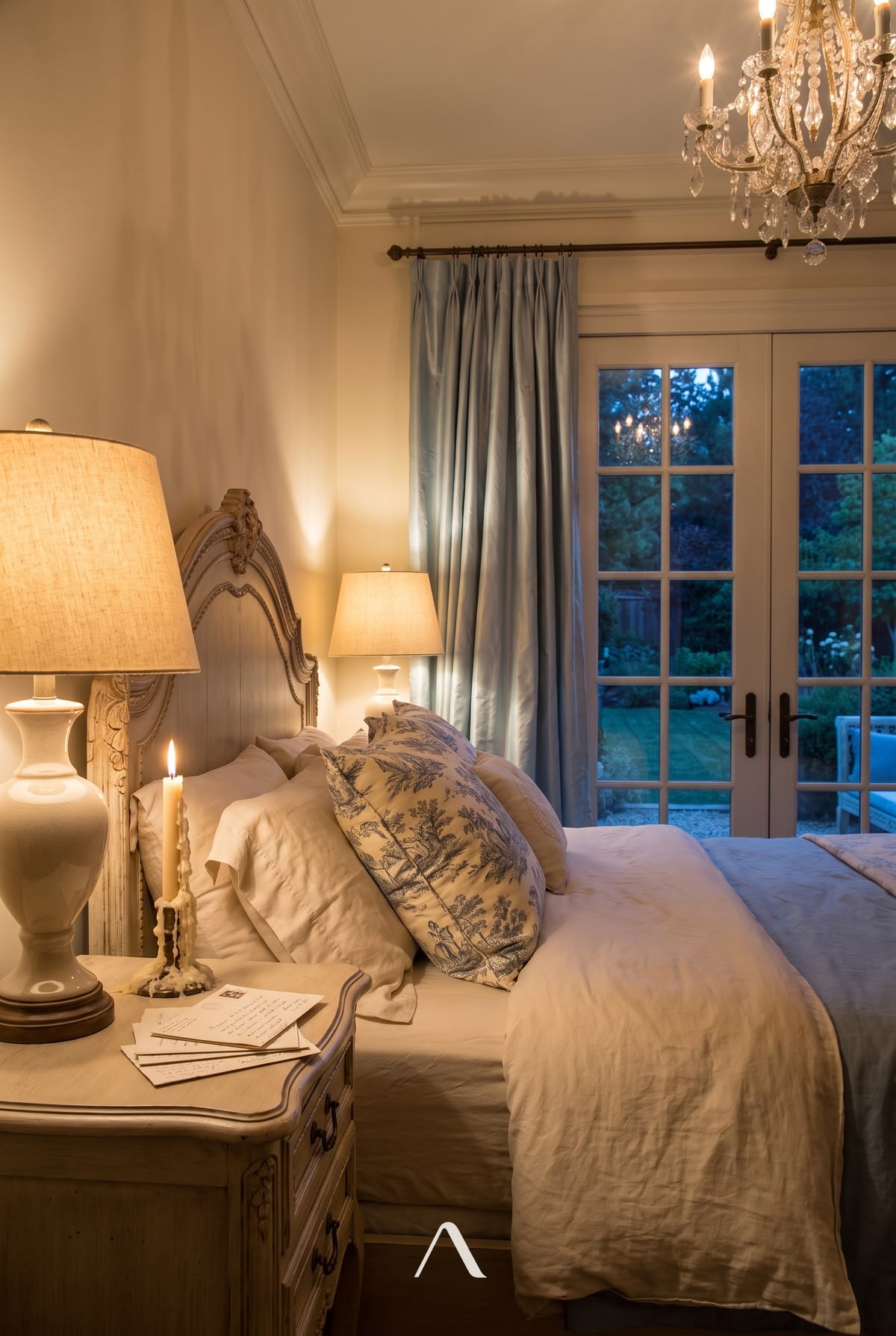 French Country Bedroom Ideas — Candle-Warm Lamp at Dusk