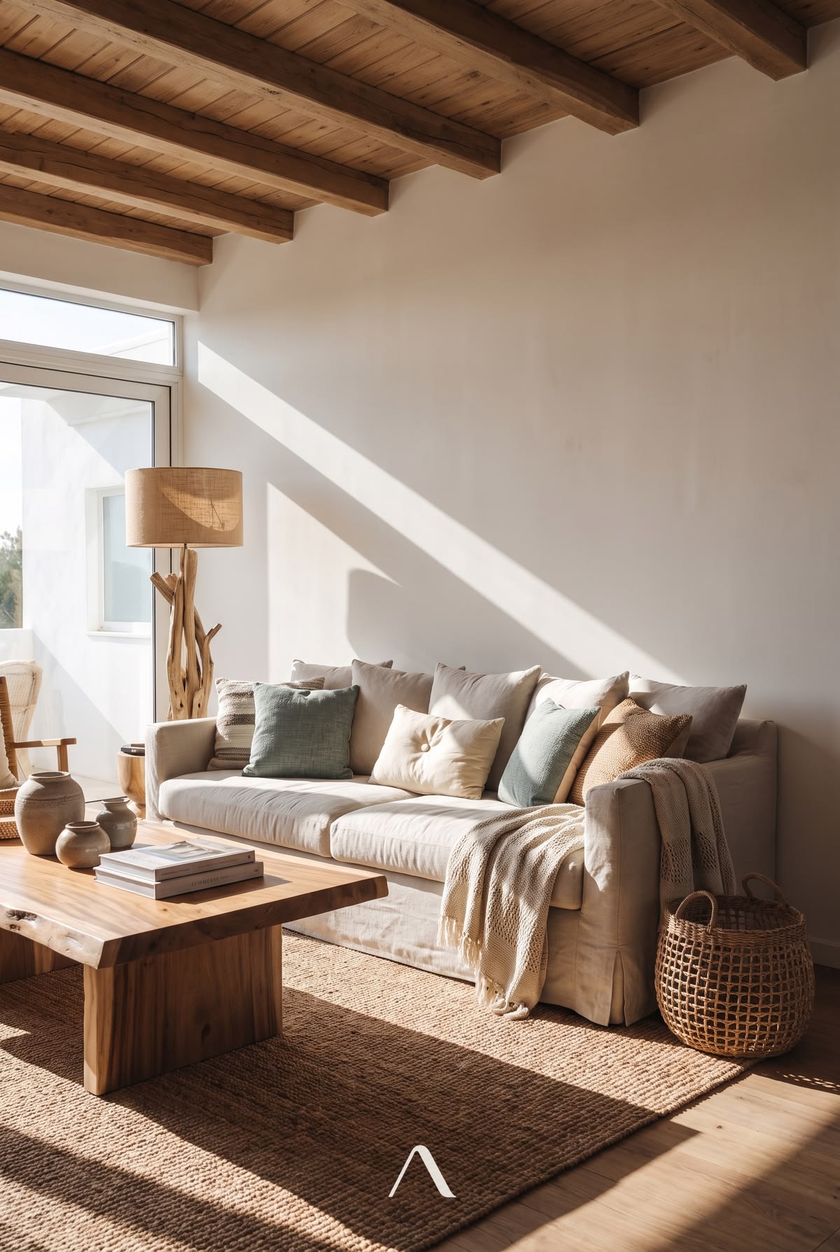 Coastal Living Room Ideas — Driftwood Floor Lamp at Midday