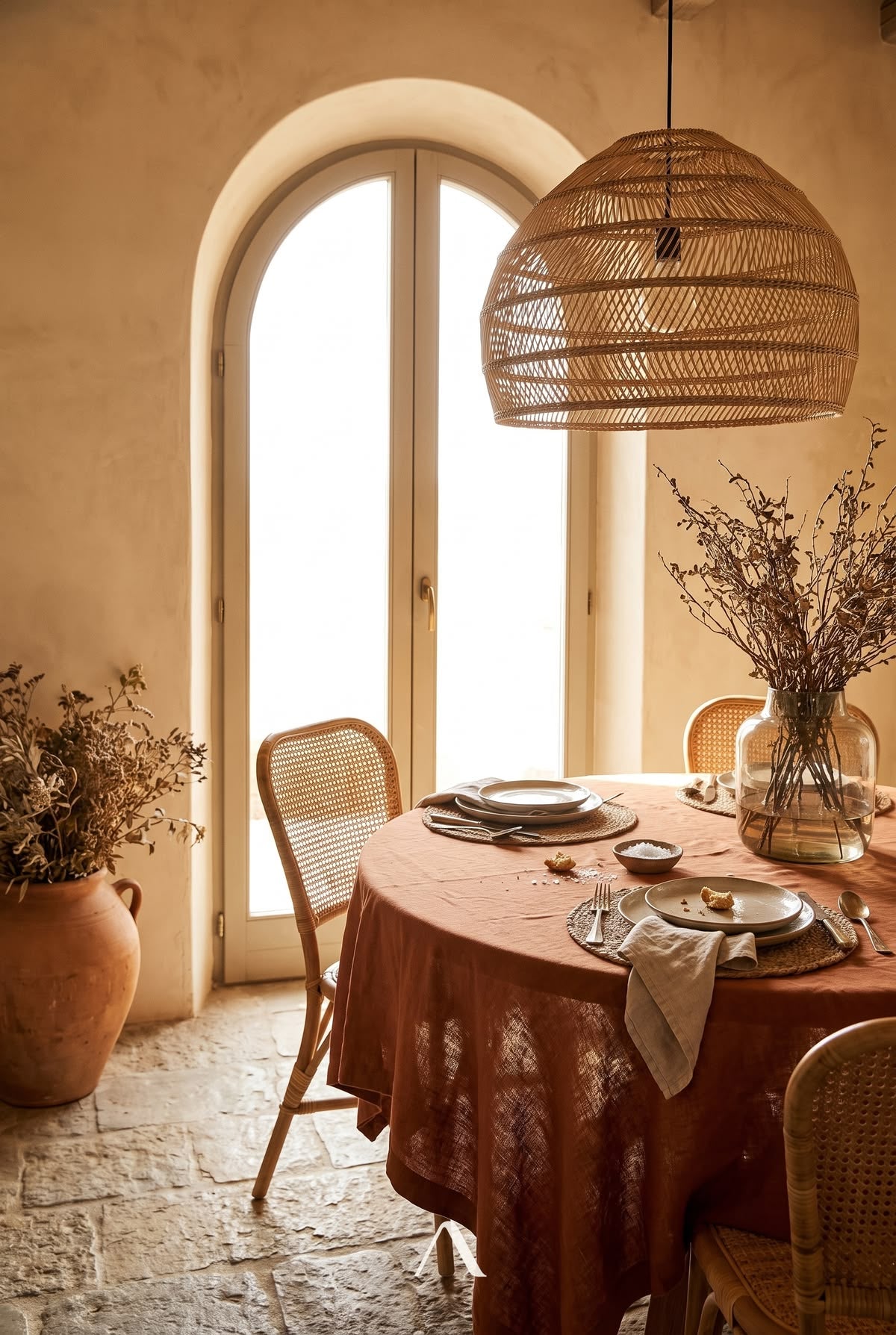 Bohemian Dining Room Ideas — Rattan Pendant, Sunlit Terracotta