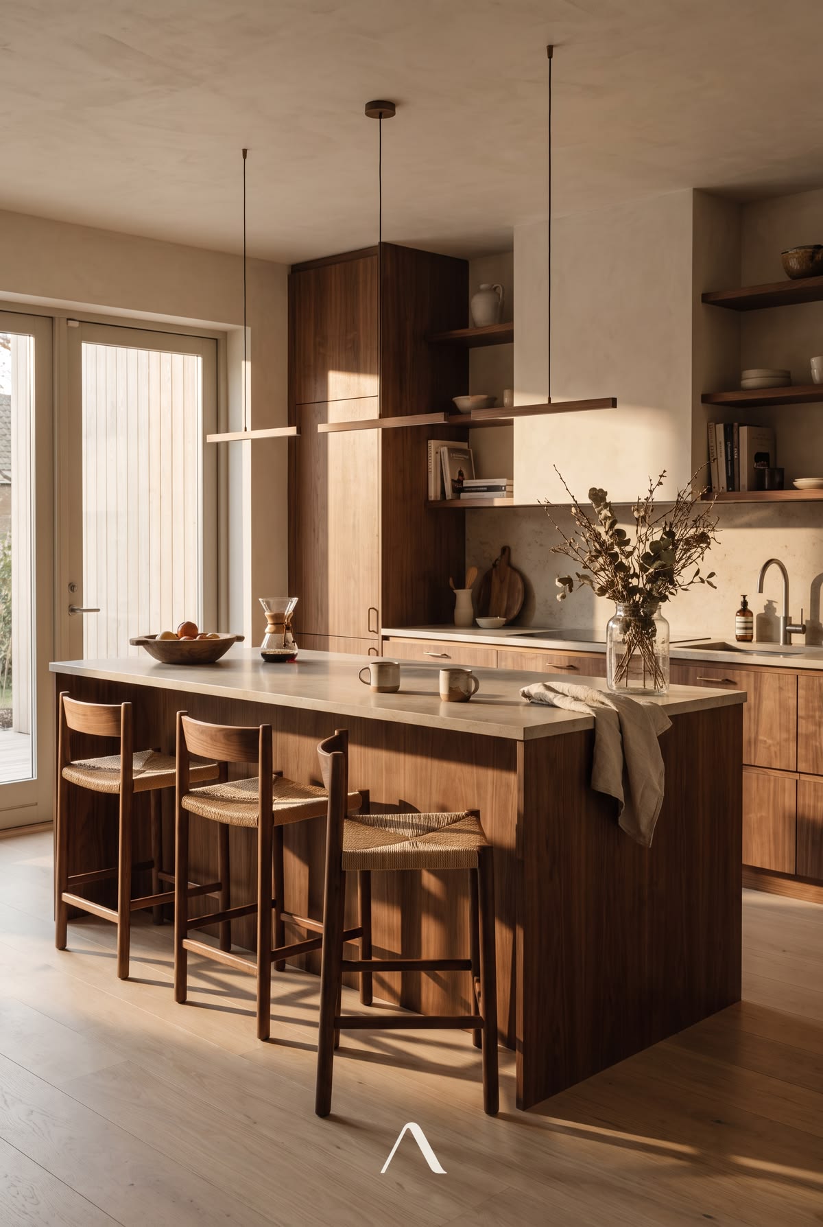 Kitchen Island Pendant Lighting — Walnut Stools & Morning Coffee
