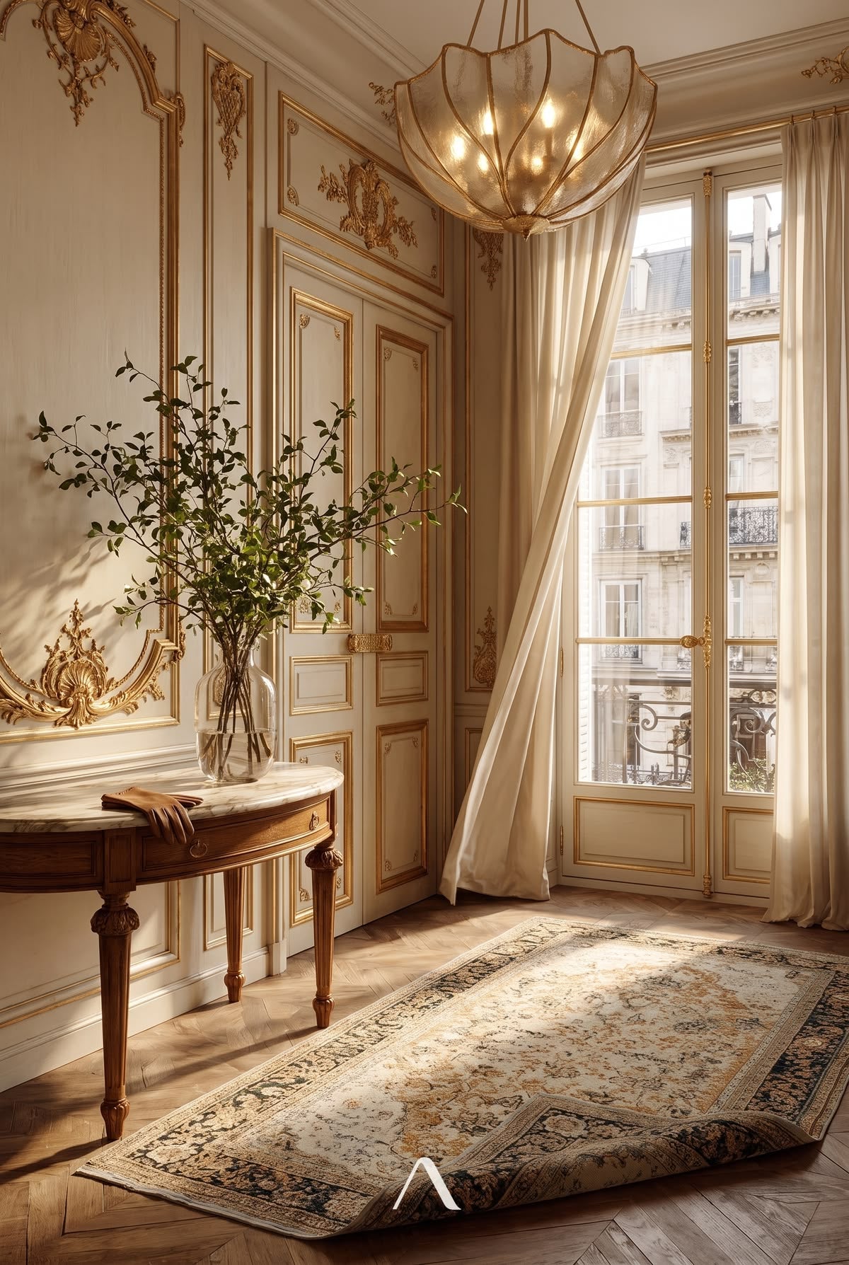 Entryway Chandelier Ideas — Gilt Silhouette Over an Oak Console