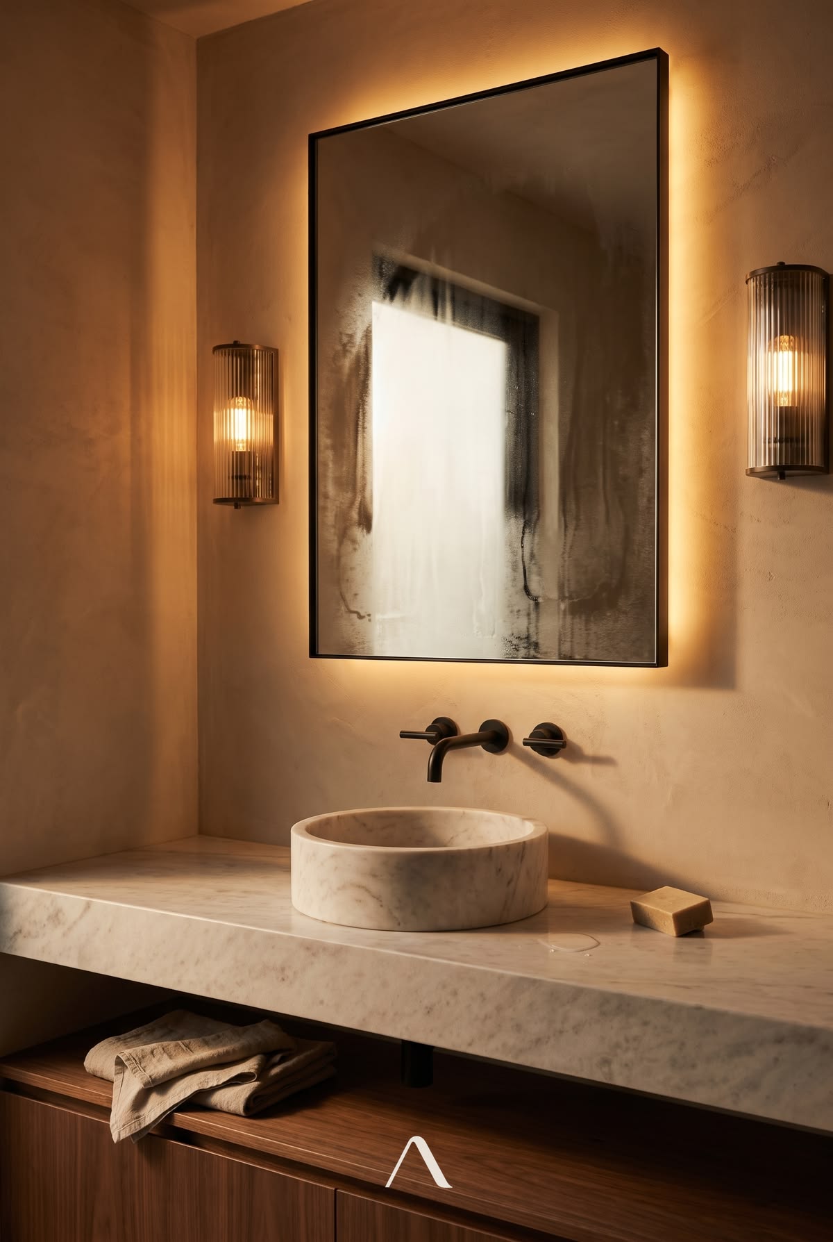 Bathroom Sconce Lighting — Fluted Glass Pair Over a Marble Vanity