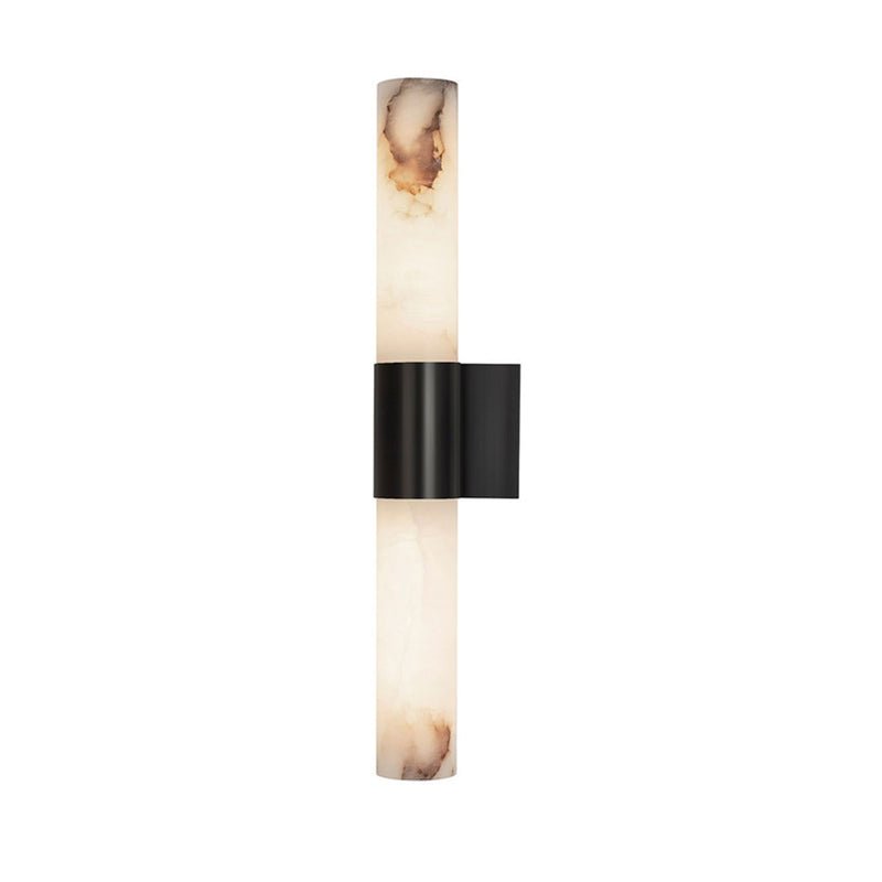 Copper-framed alabaster wall sconce with marble veining mounted beside a terracotta wall