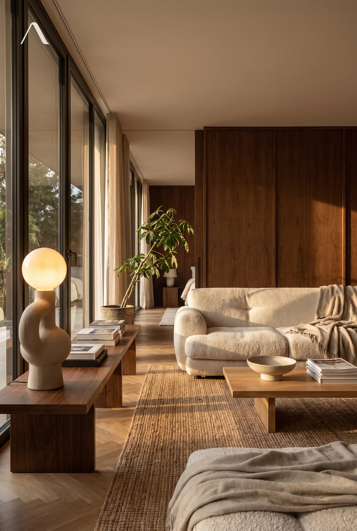 Transitional Living Room Ideas: Ceramic Lamp & Layered Textiles