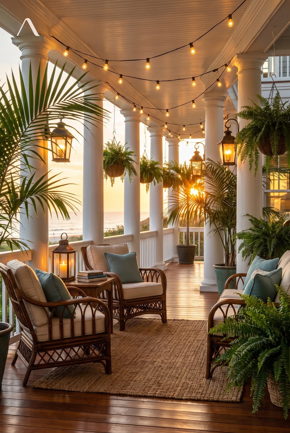 Coastal Porch String Lights for a Sunset Evening