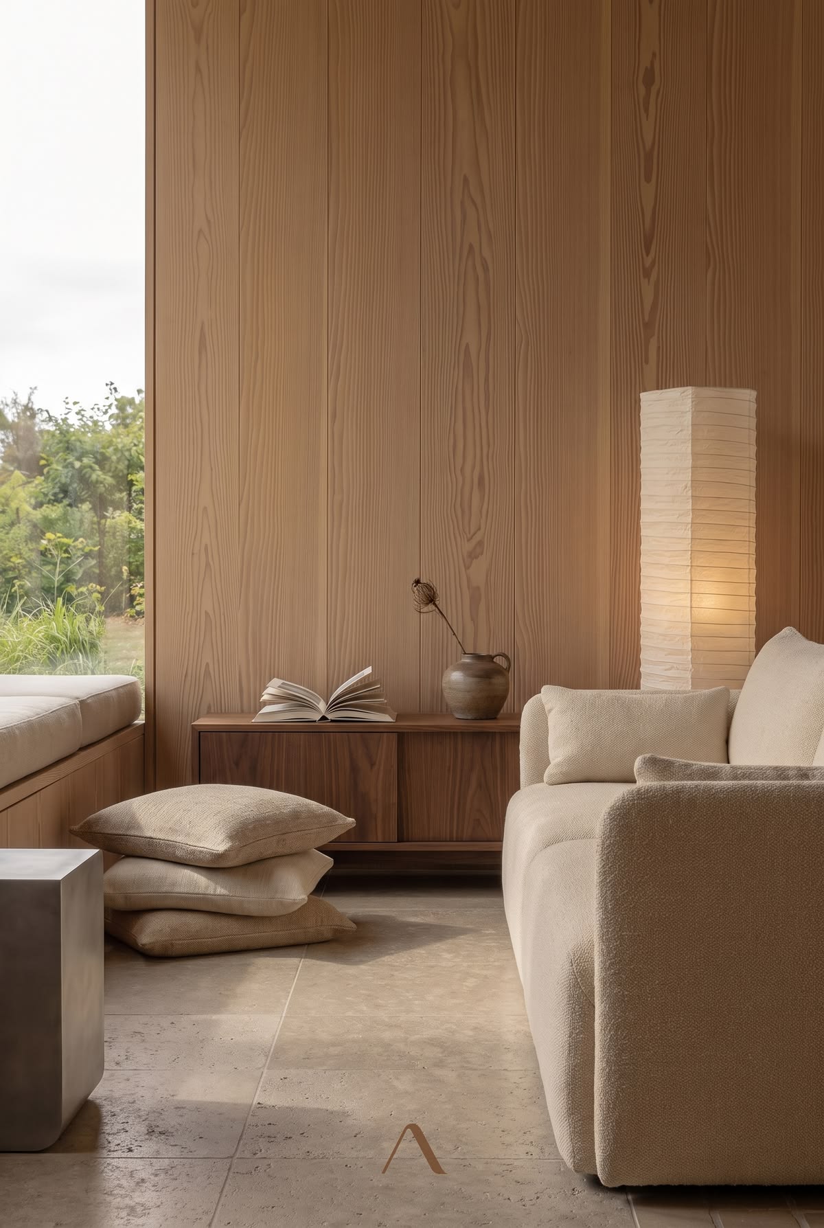 Japandi Living Room Ideas — Paper-Shade Lamp at Midday