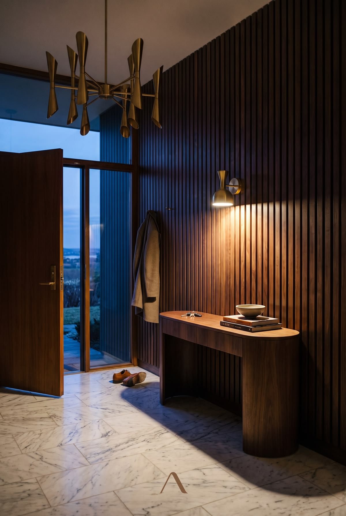 Entryway Chandelier Ideas — Brass Silhouette at Blue Hour