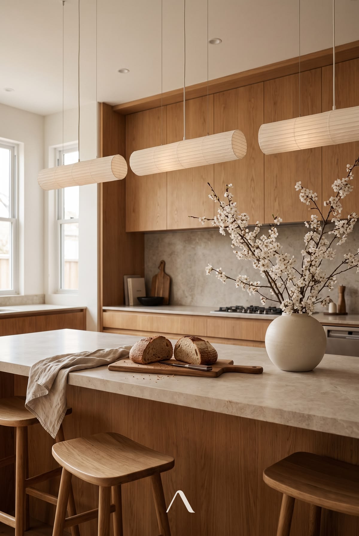 Japandi Kitchen Ideas — Pendant Trio at Noon