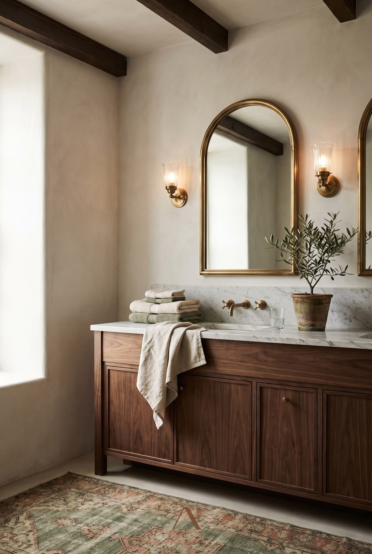 Traditional Bathroom Sconce Ideas — Marble Vanity, Soft Daylight