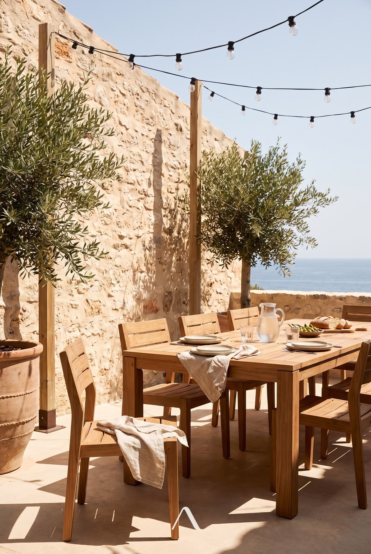 Outdoor String Lights Ideas — Terrace Lunch, Midsummer Sun