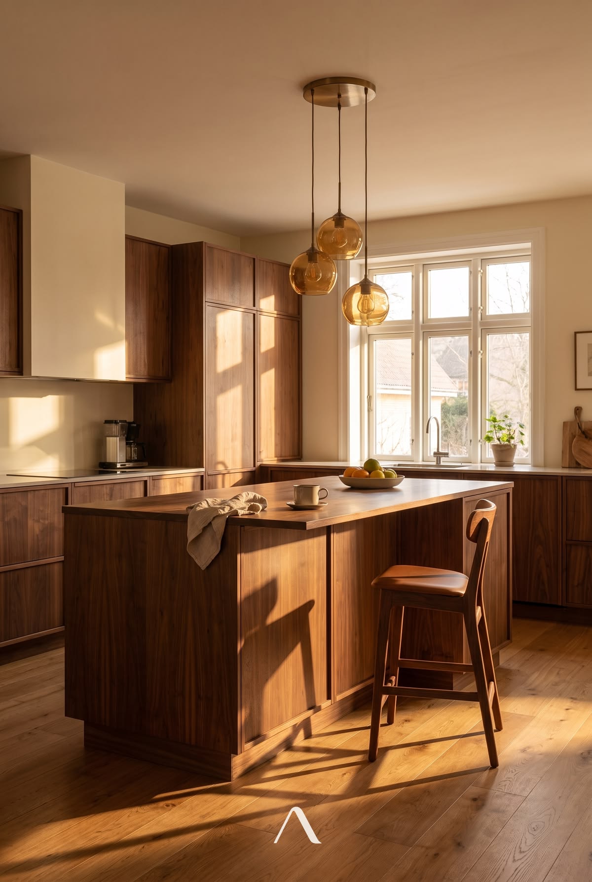Midcentury Modern Kitchen Ideas — Walnut Island, Amber Pendants
