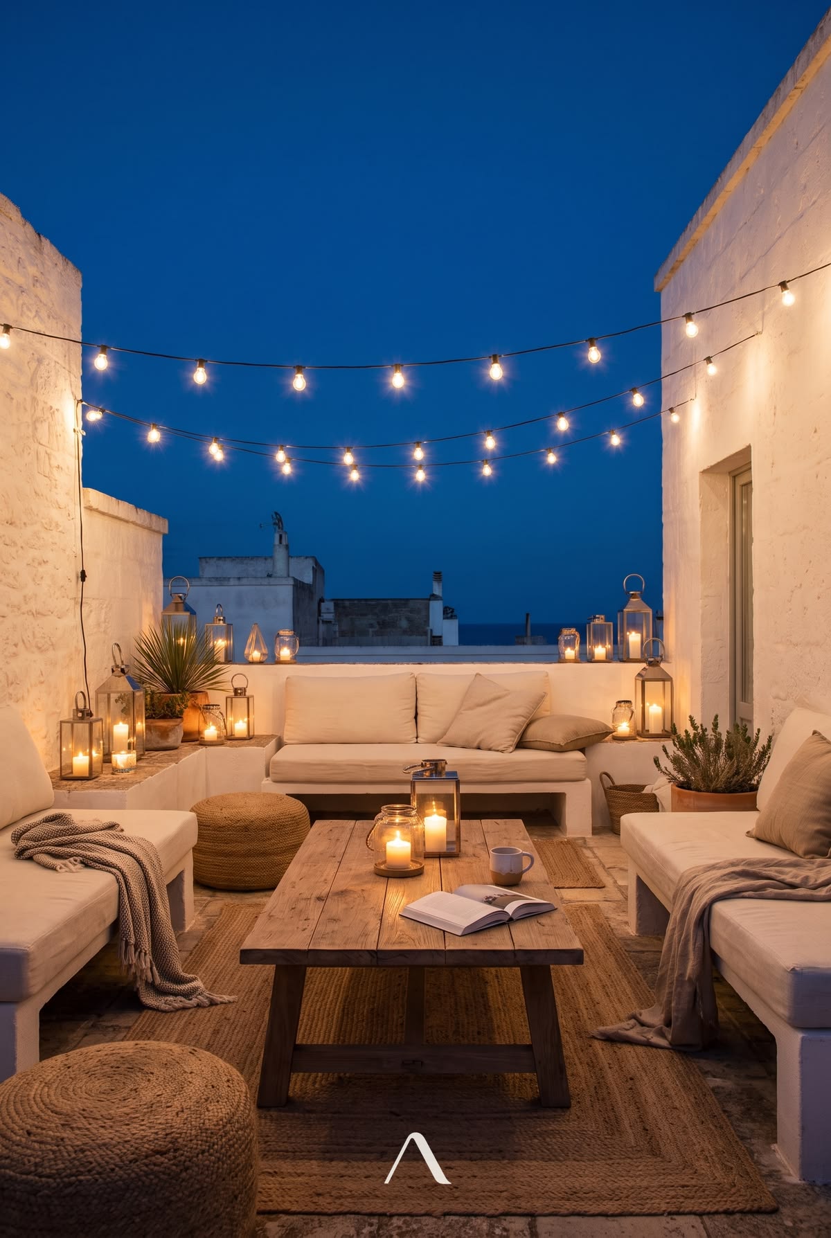 Outdoor String Lights Ideas — Rooftop Terrace at Indigo Dusk