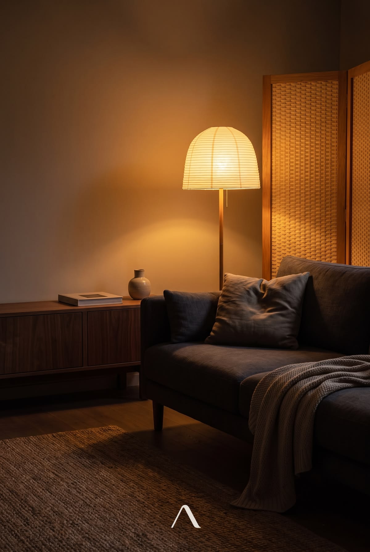Japandi Living Room Ideas — Ink-Dark Evening Stillness