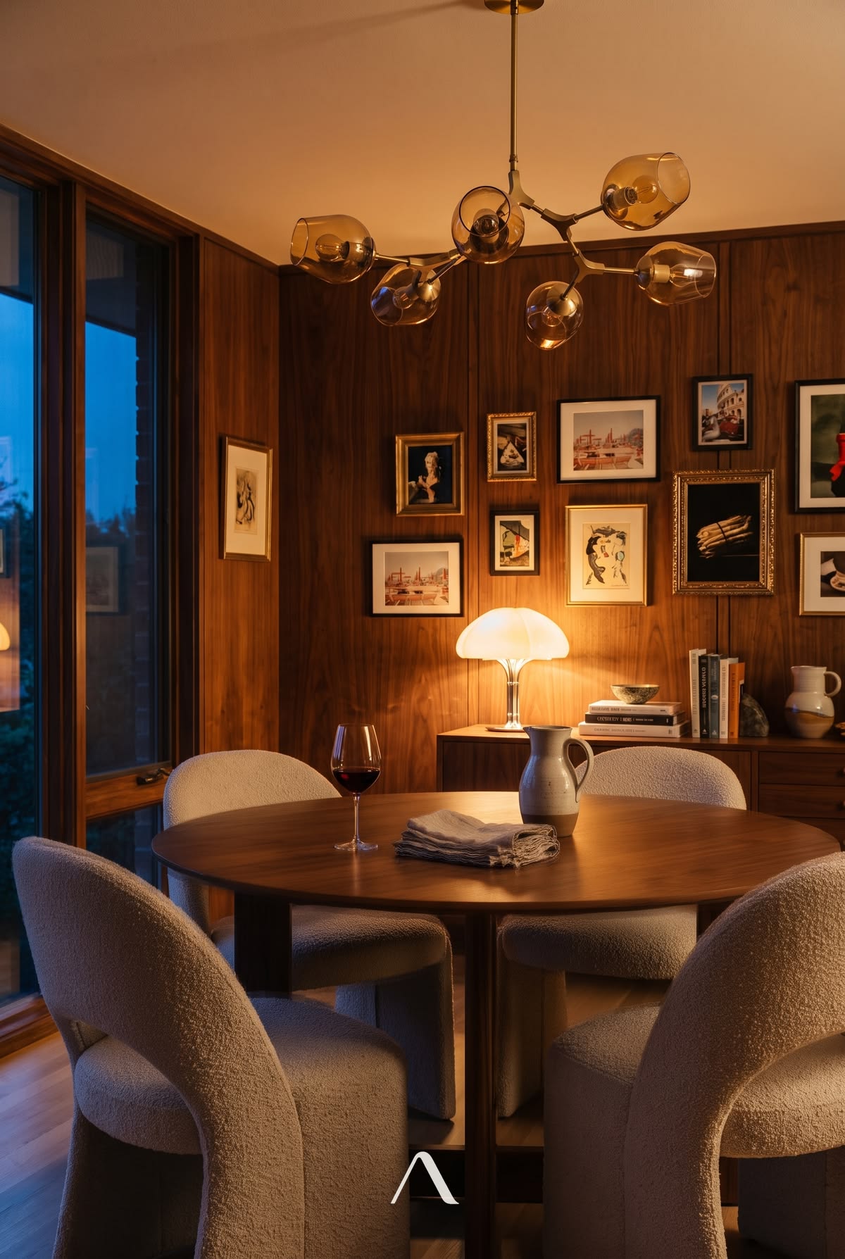 Midcentury Modern Dining Room Ideas — Sculptural Brass Chandelier at Dusk