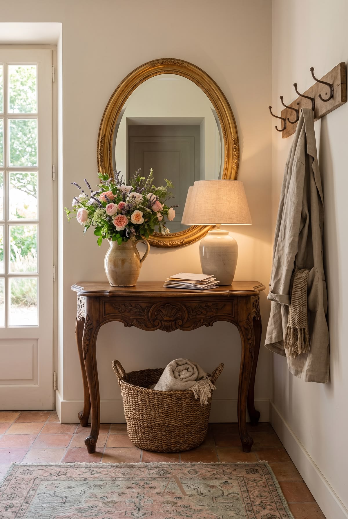 Entryway Console Ideas — Oval Mirror, Soft Afternoon Light