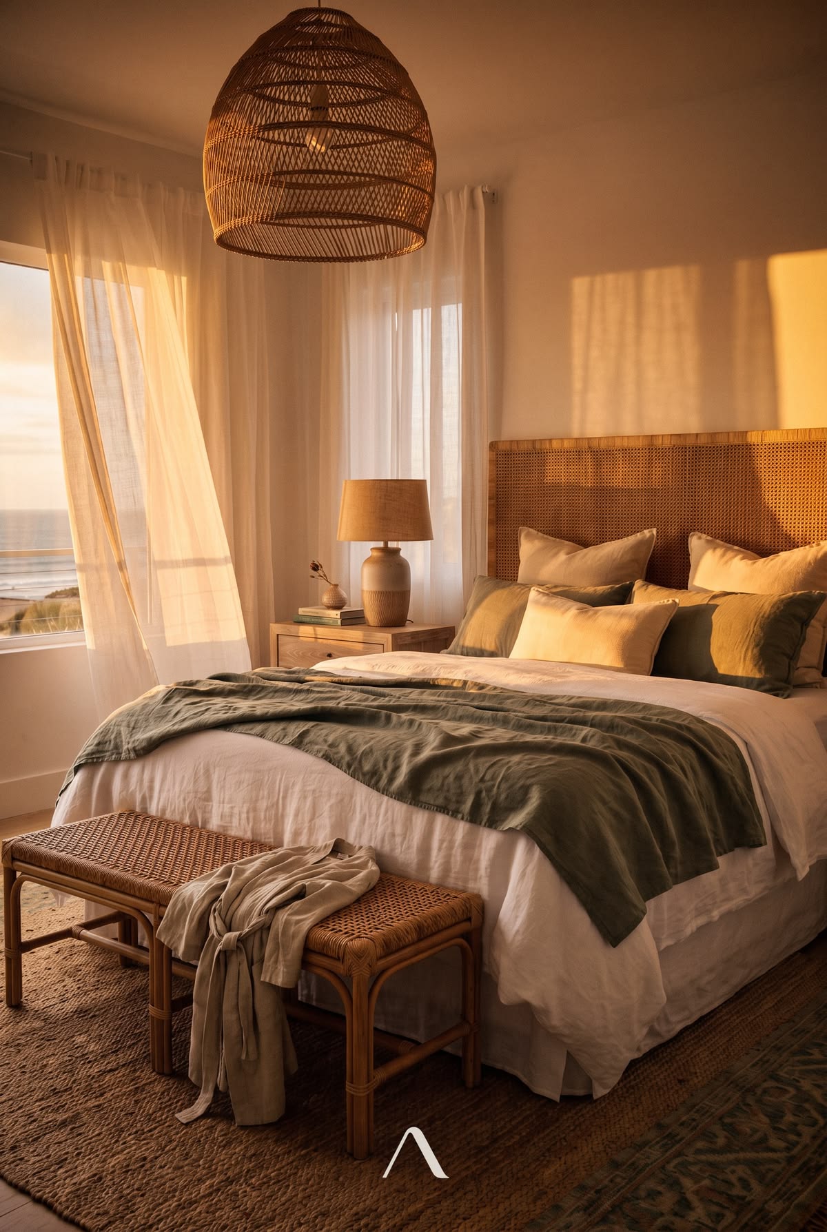 Coastal Bedroom Ideas — Rattan Headboard & Woven Linen Calm