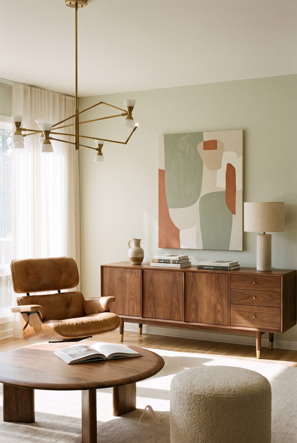 Walnut and Brass Anchor a Midcentury Living Room