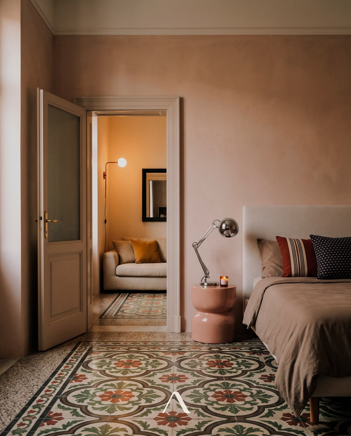 Peach plaster bedroom