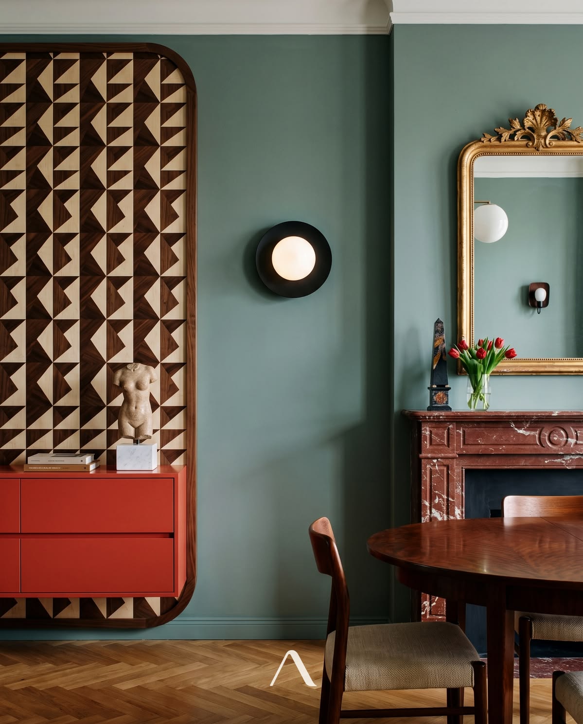 Teal and red dining wall