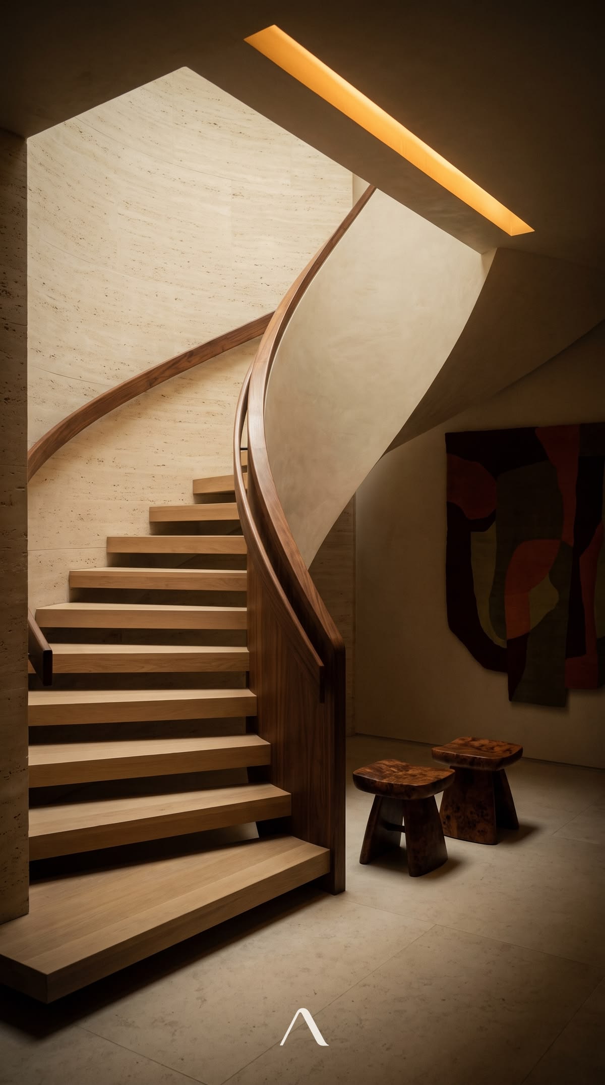 Curved travertine staircase